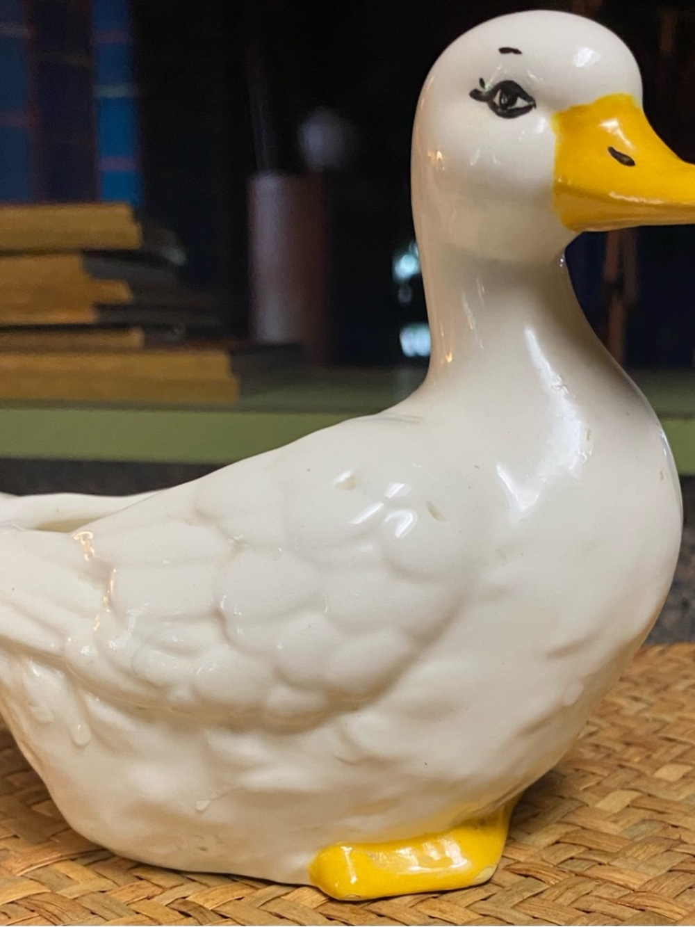 Vintage 1980’s White Ceramic Duck Figurine/ Planter with Yellow Beak & Feet